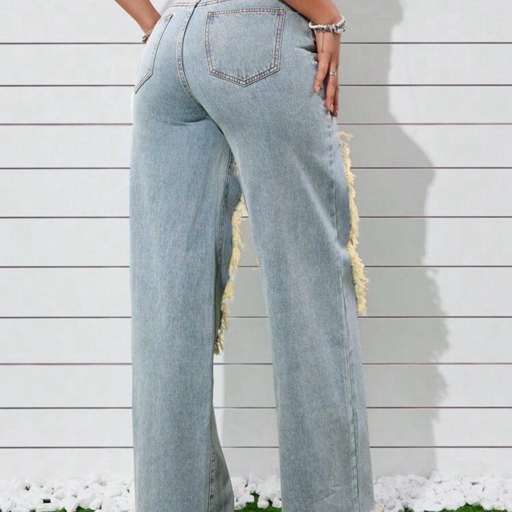 Raw Hem, Distressed Straight Leg Jeans - Picture 7 of 8